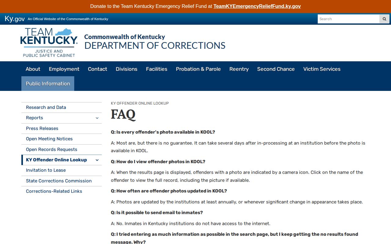 Kentucky KOOL official offender photo timing guidance